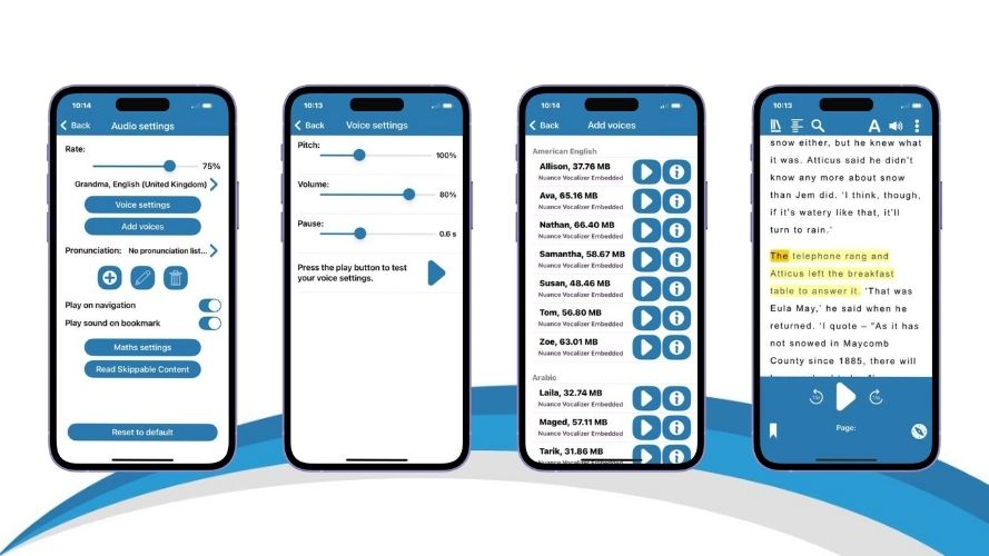 Audio Settings in EasyReader App displayed on 4 iphone screens